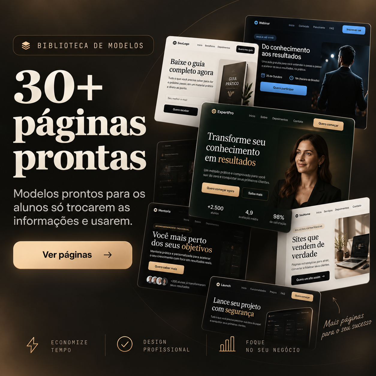 30+ páginas prontas — modelos prontos para você só trocar as informações e usar